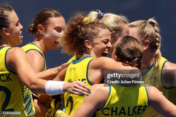 Ambrosia Malone of Team Australia congratulates Emily Chalker after Chalker scored a goal during the Women's Pool B match against Team Spain on day...