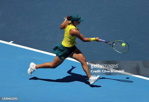 Ashleigh Barty of Team Australia plays a forehand during her Women's Singles First Round match against Sara Sorribes Tormo of Team Spain on day two...