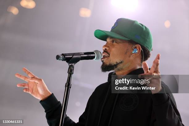 Chance the Rapper performs onstage during The Freedom Experience presented by 1DayLA, featuring Justin Bieber, at SoFi Stadium on July 24, 2021 in...