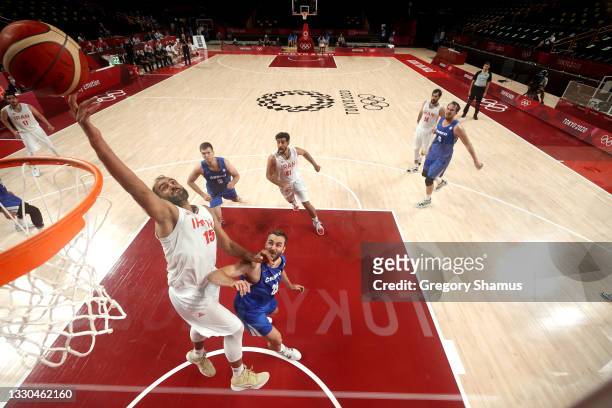 Hamed Haddadi of Team Iran goes up for a shot against Czech Republic during the second half on day two of the Tokyo 2020 Olympic Games at Saitama...