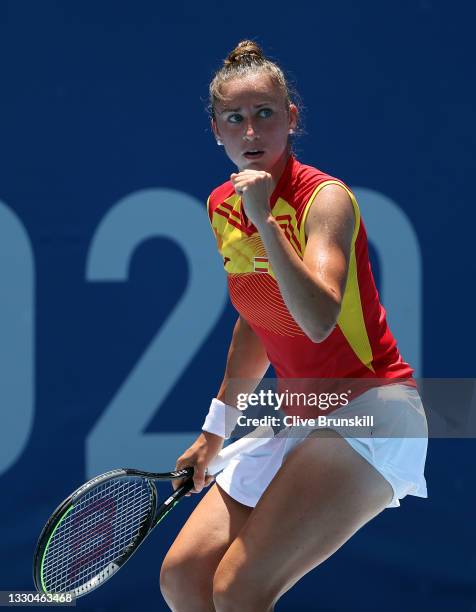 Sara Sorribes Tormo of Team Spain celebrates after a point during her Women's Singles First Round match against Ashleigh Barty of Team Australia on...