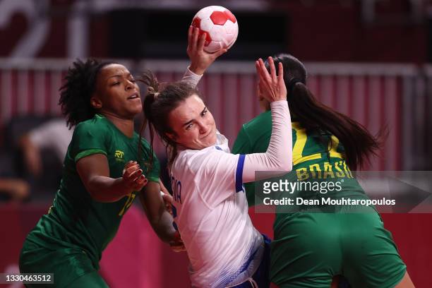 Anna Vyakhireva of Team ROC shoots at goal during the Women's Preliminary Round Group B match between ROC and Brazil on day two of the Tokyo 2020...