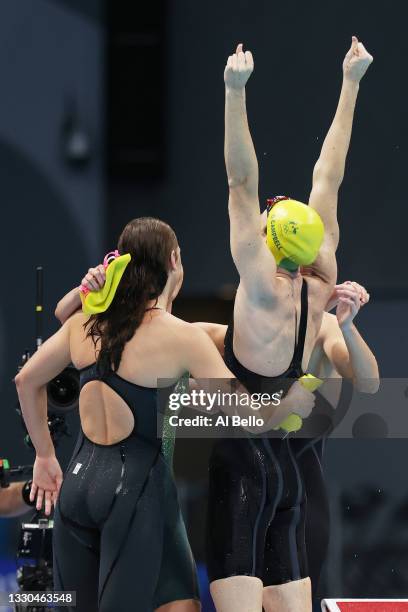 Emma McKeon, Bronte Campbell, Meg Harris and Cate Campbell of Team Australia celebrate after winning the gold medal in the Women's 4 x 100m Freestyle...