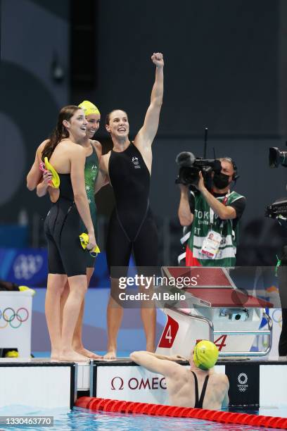 Emma McKeon, Bronte Campbell, Meg Harris and Cate Campbell of Team Australia celebrate after winning the gold medal in the Women's 4 x 100m Freestyle...