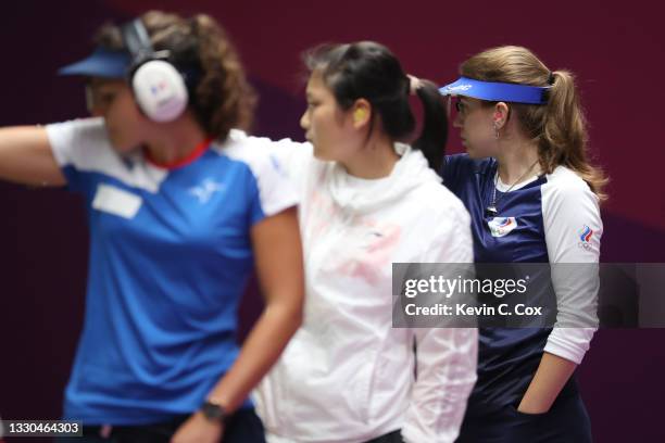 Gold Medalist Vitalina Batsarashkina of Team ROC during the finals of the 10m Air Pistol Women's event on day two of the Tokyo 2020 Olympic Games at...