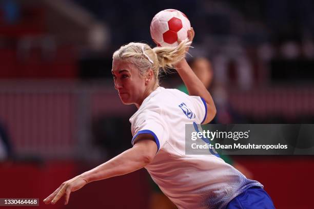 Anna Sen of Team ROC shoots at goal during the Women's Preliminary Round Group B match between ROC and Brazil on day two of the Tokyo 2020 Olympic...
