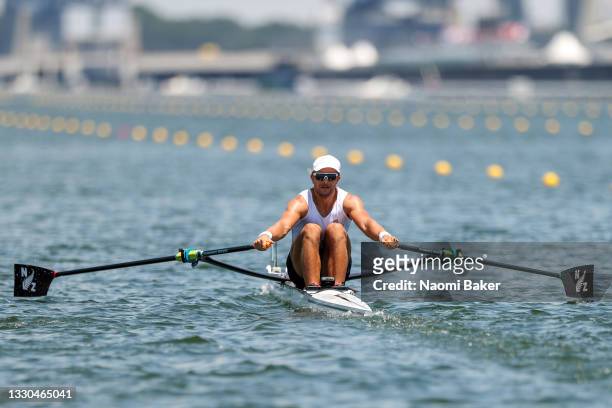 Jordan Parry of Team New Zealand competes during the Men's Single Sculls Quarterfinal 4 on day two of the Tokyo 2020 Olympic Games at Sea Forest...