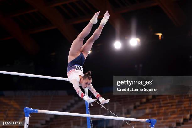 Jennifer Gadirova of Team Great Britain competes on uneven bars during Women's Qualification on day two of the Tokyo 2020 Olympic Games at Ariake...