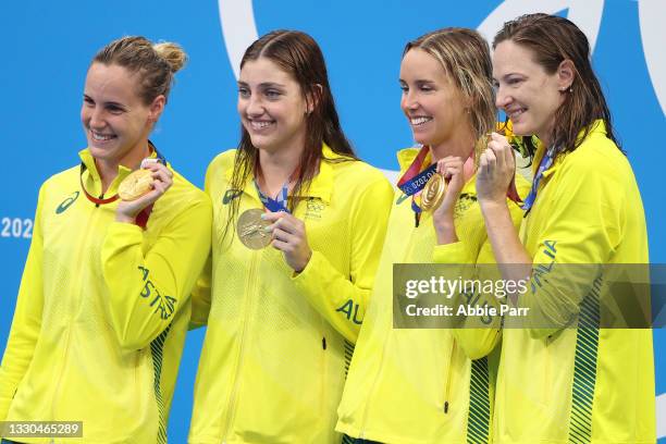 Brote Campbell, Meg Harris, Emma McKeon and Paige Campbell of Team Australia pose with their medals after winning gold and setting a new world record...