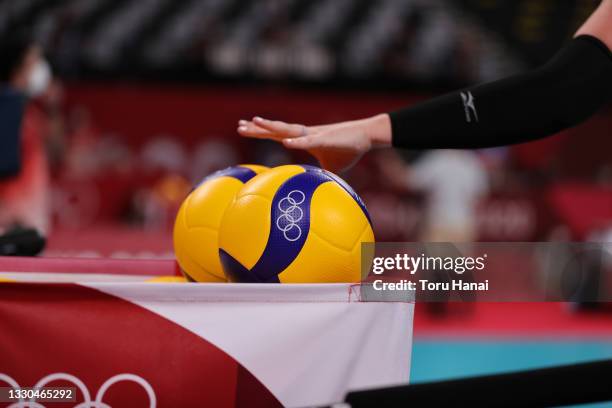 Close up view of an official game ball during the Women's Preliminary - Pool B match between Team Argentina and Team United States on day two of the...