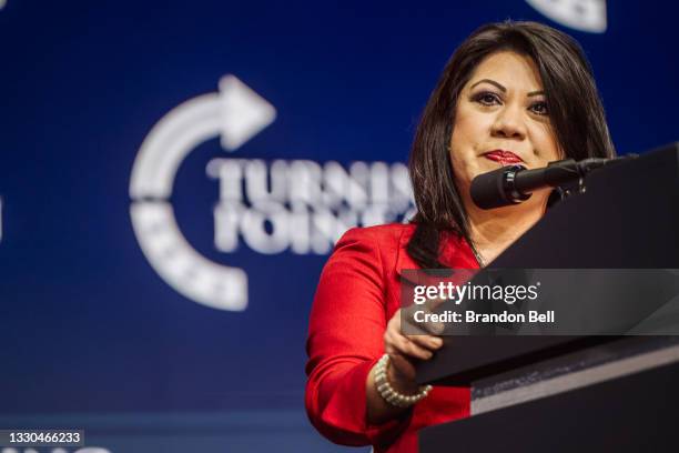 Arizona State Treasurer Kimberly Yee speaks during the Rally To Protect Our Elections conference on July 24, 2021 in Phoenix, Arizona. The...