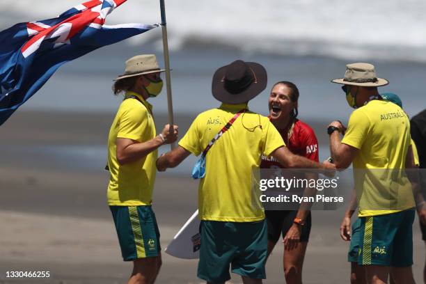 Stephanie Gilmore of Team Australia reacts after winning her Women's Round 1 heat on day two of the Tokyo 2020 Olympic Games at Tsurigasaki Surfing...