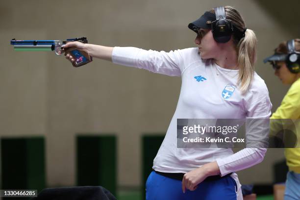 Anna Korakaki of Team Greece during the finals of the 10m Air Pistol Women's event on day two of the Tokyo 2020 Olympic Games at Asaka Shooting Range...