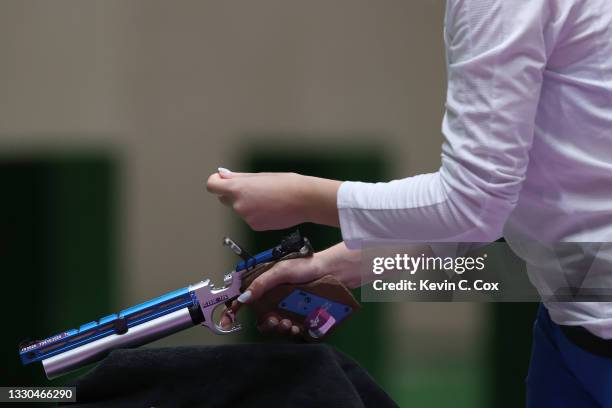 Anna Korakaki of Team Greece during the finals of the 10m Air Pistol Women's event on day two of the Tokyo 2020 Olympic Games at Asaka Shooting Range...