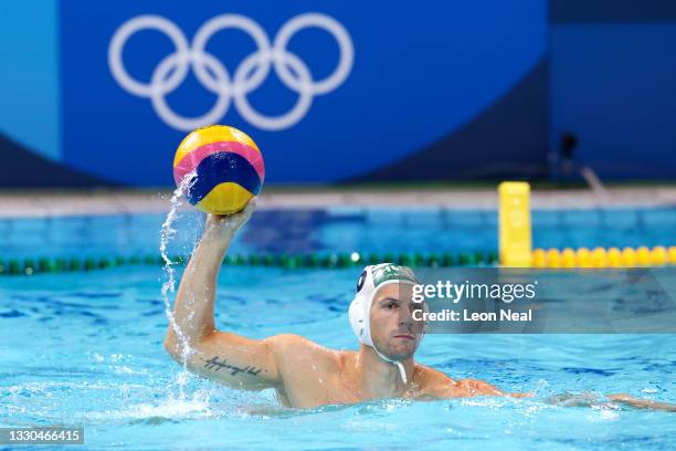 Denes Varga of Team Hungary in action during the Men's Preliminary Round Group A match between Hungary and Greece on day two of the Tokyo 2020...