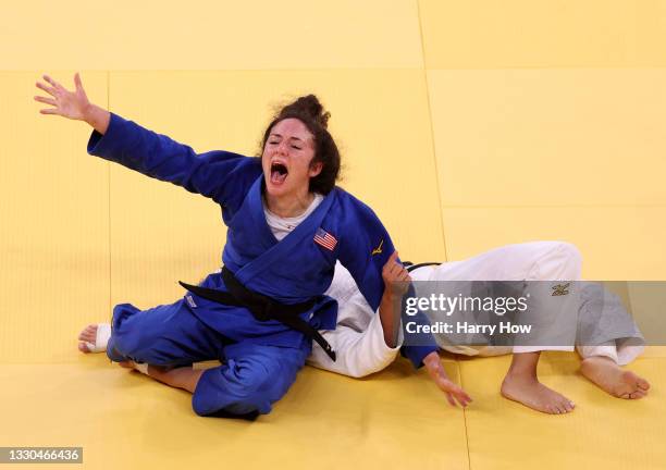 Angelica Delgado of Team USA reacts as she defeats Joana Ramos of Team Portugal during the Women’s Judo 52kg Elimination Round of 32 on day two of...