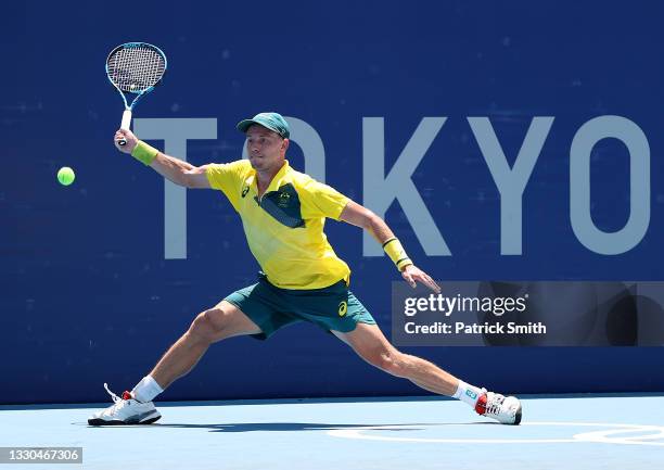 James Duckworth of Team Australia plays a forehand during his Men's Singles First Round match against Lukas Klein of Team Slovakia on day two of the...