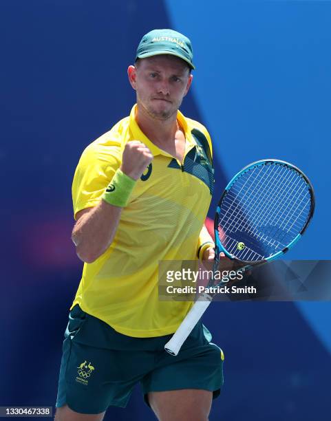 James Duckworth of Team Australia celebrates after a point during his Men's Singles First Round match against Lukas Klein of Team Slovakia on day two...