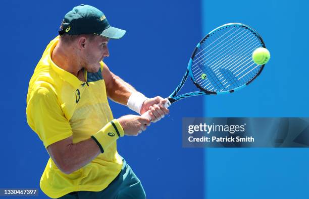 James Duckworth of Team Australia plays a backhand during his Men's Singles First Round match against Lukas Klein of Team Slovakia on day two of the...