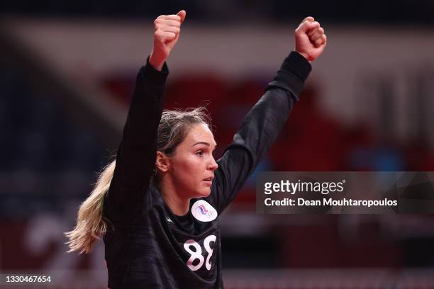 Viktoriia Kalinina of Team ROC celebrates after saving a goal during the Women's Preliminary Round Group B match between ROC and Brazil on day two of...