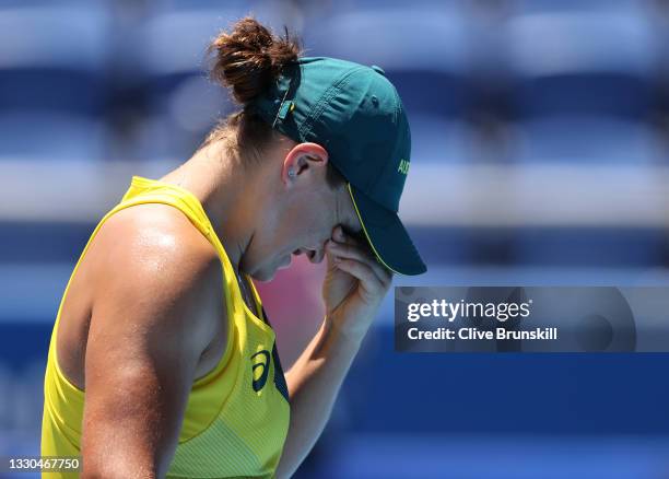 Ashleigh Barty of Team Australia shows her frustration during her Women's Singles First Round match against Sara Sorribes Tormo of Team Spain on day...