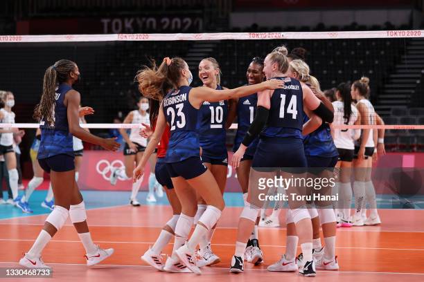 Team United States celebrates after defeating Team Argentina during the Women's Preliminary - Pool B on day two of the Tokyo 2020 Olympic Games at...