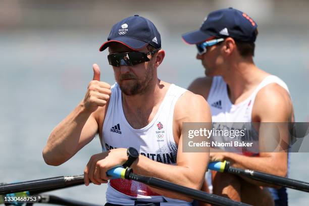 John Collins of Team Great Britain gives a thumbs up prior to the Men's Double Sculls Semifinal A/B 1 on day two of the Tokyo 2020 Olympic Games at...