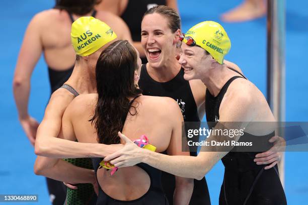 Emma McKeon, Bronte Campbell, Meg Harris and Cate Campbell of Team Australia celebrate after winning the gold medal in the Women's 4 x 100m Freestyle...