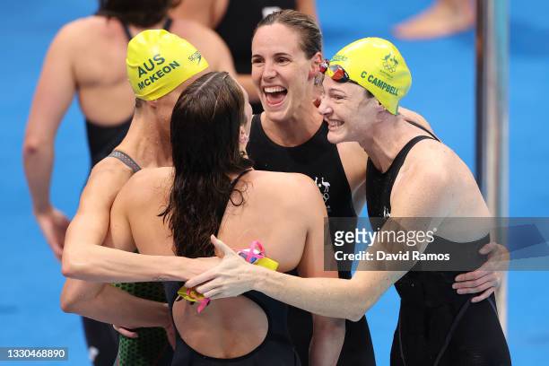 Emma McKeon, Bronte Campbell, Meg Harris and Cate Campbell of Team Australia celebrate after winning the gold medal in the Women's 4 x 100m Freestyle...