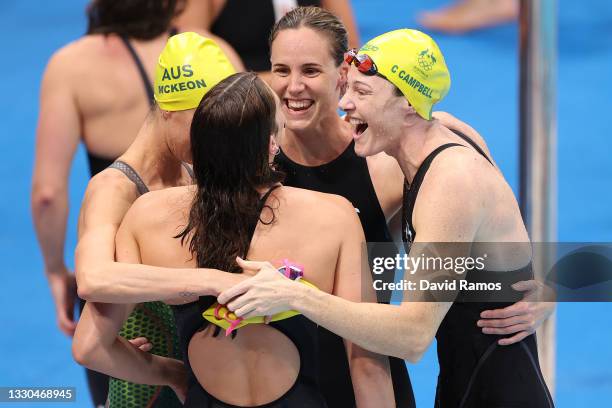 Emma McKeon, Bronte Campbell, Meg Harris and Cate Campbell of Team Australia celebrate after winning the gold medal in the Women's 4 x 100m Freestyle...