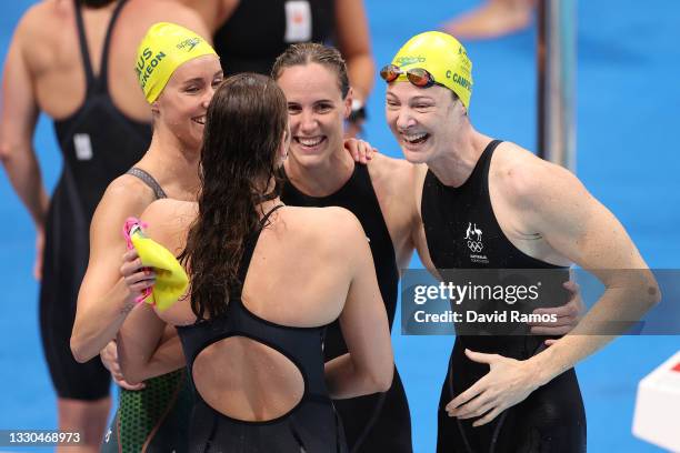 Emma McKeon, Bronte Campbell, Meg Harris and Cate Campbell of Team Australia celebrate after winning the gold medal in the Women's 4 x 100m Freestyle...