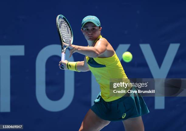 Ashleigh Barty of Team Australia plays a forehand during her Women's Singles First Round match against Sara Sorribes Tormo of Team Spain on day two...