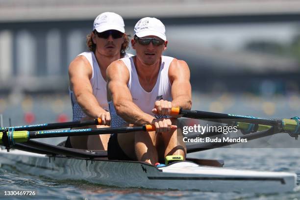 Jack Lopas and Christopher Harris of Team New Zealand compete during the Men's Double Sculls Semifinal A/B 1 on day two of the Tokyo 2020 Olympic...