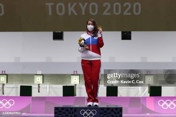 Gold Medalist and Olympic Record holder Vitalina Batsarashkina of Team ROC poses during the medal ceremony of the 10m Air Pistol Women's event on day...