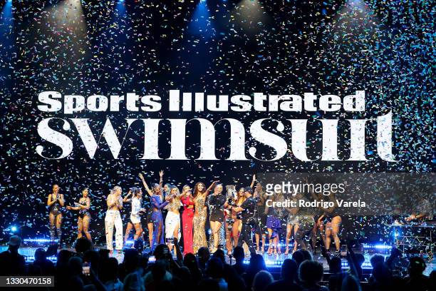 The Sports Illustrated Swimsuit 2021 Issue models speak onstage during the Sports Illustrated Swimsuit celebration of the launch of the 2021 Issue on...
