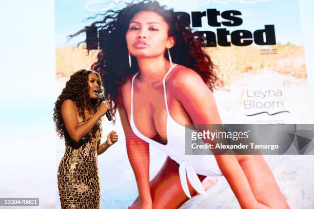 Leyna Bloom speaks onstage during the Sports Illustrated Swimsuit celebration of the launch of the 2021 Issue on July 24, 2021 in Hollywood, Florida.