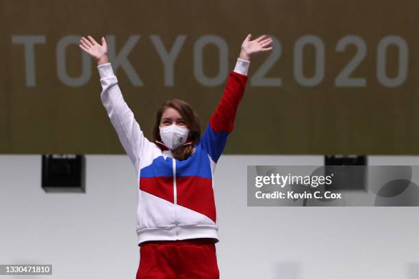 Gold Medalist and Olympic Record holder Vitalina Batsarashkina of Team ROC poses during the medal ceremony of the 10m Air Pistol Women's event on day...