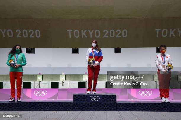 Silver Medalist Antoaneta Kostadinova of Team Bulgaria, Gold Medalist Vitalina Batsarashkina of Team ROC, and Bronze Medalist Ranxin Jiang of Team...