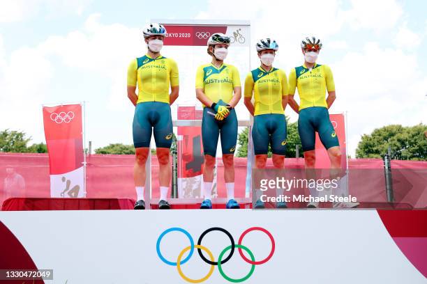 Grace Brown, Sarah Gigante, Amanda Spratt & Tiffany Cromwell of Team Australia prior to during the Women's road race on day two of the Tokyo 2020...