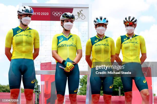 Grace Brown, Sarah Gigante, Amanda Spratt & Tiffany Cromwell of Team Australia prior to during the Women's road race on day two of the Tokyo 2020...