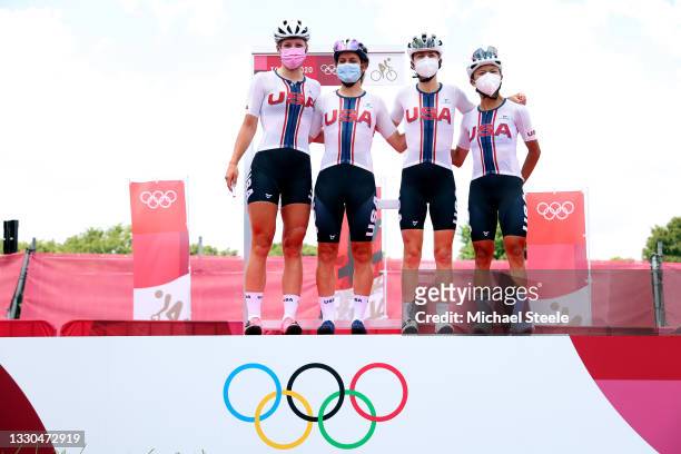 Chloe Dygert, Leah Thomas, Ruth Winders & Coryn Rivera of Team United States prior to during the Women's road race on day two of the Tokyo 2020...
