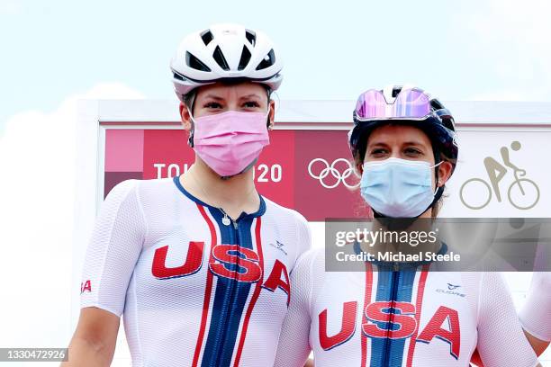 Chloe Dygert & Leah Thomas of Team United States prior to during the Women's road race on day two of the Tokyo 2020 Olympic Games at Fuji...