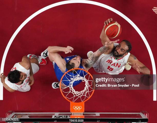 Hamed Haddadi of Team Iran \ goes up for a shot against Ondrej Balvin of Team Czech Republic during the second half on day two of the Tokyo 2020...