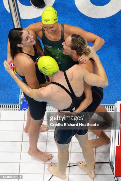 Emma McKeon, Bronte Campbell, Meg Harris and Cate Campbell of Team Australia celebrate after winning the gold medal in the Women's 4 x 100m Freestyle...