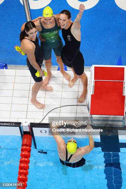 Emma McKeon, Bronte Campbell, Meg Harris and Cate Campbell of Team Australia celebrate after winning the gold medal in the Women's 4 x 100m Freestyle...