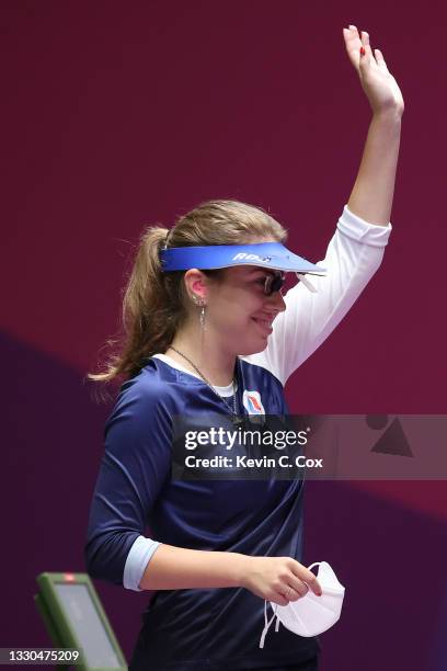 Gold Medalist and Olympic Record holder Vitalina Batsarashkina of Team ROC celebrates following the final round of the 10m Air Pistol Women's event...