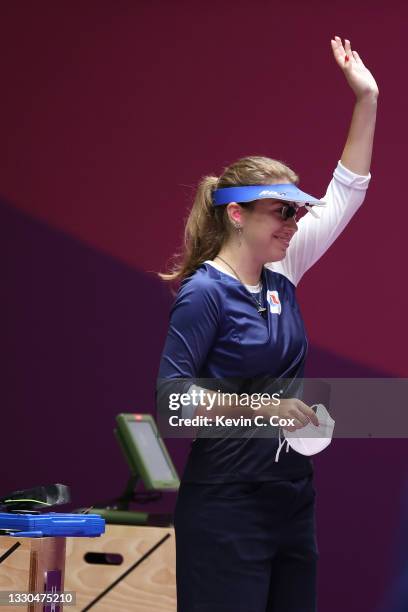 Gold Medalist and Olympic Record holder Vitalina Batsarashkina of Team ROC celebrates following the final round of the 10m Air Pistol Women's event...