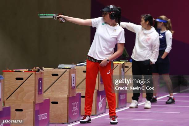 Silver Medalist Antoaneta Kostadinova of Team Bulgaria, Bronze Medalist Ranxin Jiang of Team China, and Gold Medalist Vitalina Batsarashkina of Team...