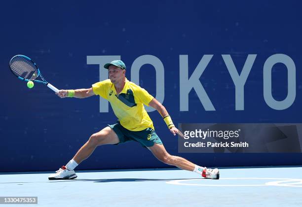 James Duckworth of Team Australia plays a forehand during his Men's Singles First Round match against Lukas Klein of Team Slovakia on day two of the...