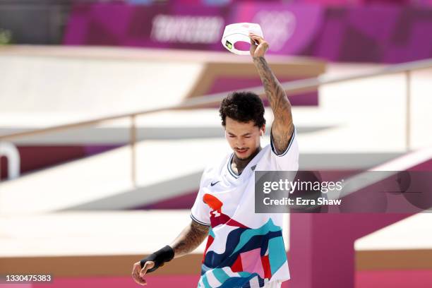 Nyjah Huston of Team USA reacts at the Skateboarding Men's Street Finals on day two of the Tokyo 2020 Olympic Games at Ariake Urban Sports Park on...